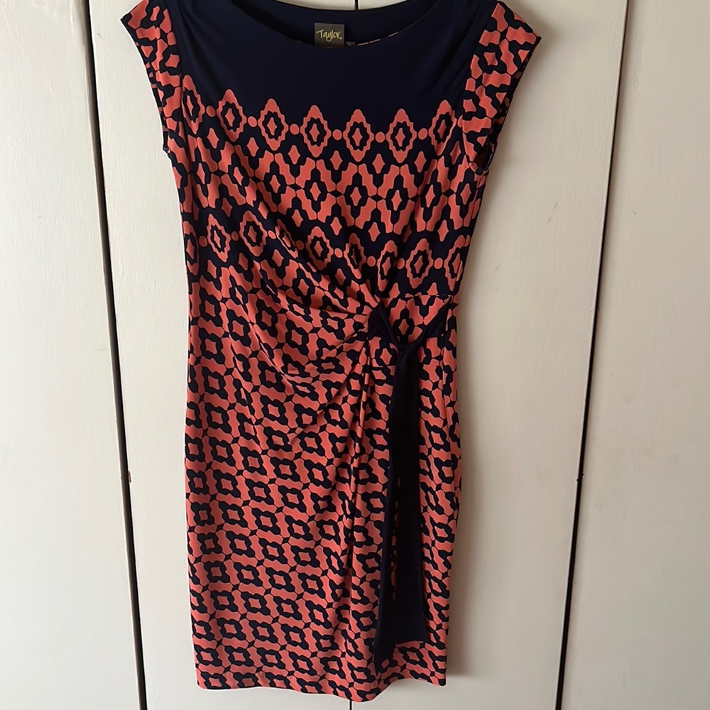 Navy Blue Coral Geometric Cinched Waist Dress Size 2